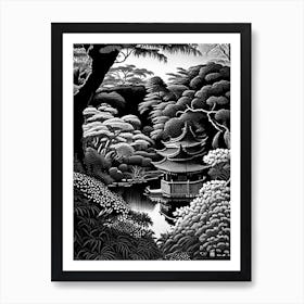 Rikugien Gardens, Japan Linocut Black And White Vintage Art Print