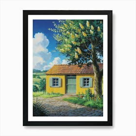 Anime Canvas Art: Cozy Yellow House with Flowering Tree, Orange Branches, and Blue Sky, Perfect for Lofi Aesthetic and Tranquil Nature Lovers. 1 Art Print