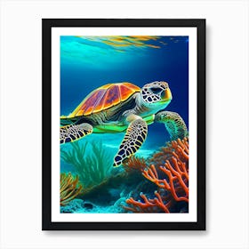 A Single Sea Turtle In Coral Reef, Sea Turtle Abstract 1 Art Print