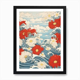 Great Wave With Dahlberg Daisy Flower Drawing In The Style Of Ukiyo E 1 Art Print