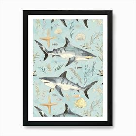 Pastel Blue Bull Shark Watercolour Seascape Pattern 2 Art Print