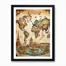 A World Map Visualizing An International Journey Pinpointing Iconic Historical Landmarks Across Var (1) Art Print