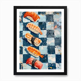 Nigiri Sushi Blue Checkerboard 2 Art Print