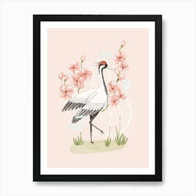 Japanese crane with pink cherry blossoms Art Print