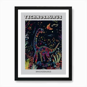 Abstract Neon Line Illustration Brachiosaurus 5 Poster Art Print