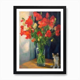 Flower Vase Snapdragons With A Cat 1 Impressionism, Cezanne Style Art Print