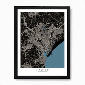 Cardiff Black Blue Map Art Print
