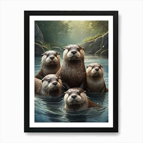 Otter Family Relaxing in Water Wildlife Art Print