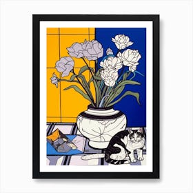 Drawing Of A Still Life Of Iris With A Cat 3 Art Print