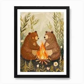 Brown Bear Two Bears Sitting Together By A Campfire Storybook Illustration 4 Art Print