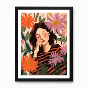 Woman With Autumnal Flowers Bee Balm 2 Art Print
