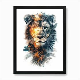 Double Exposure Realistic Lion With Jungle 15 Art Print