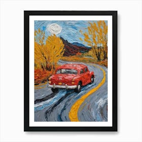 Old Car On A Road Between Autumn Trees Art Print