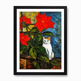 Still Life Of Poinsettia With A Cat 4 Art Print