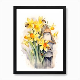 Beehive With Daffodils Watercolour Illustration 3 Art Print