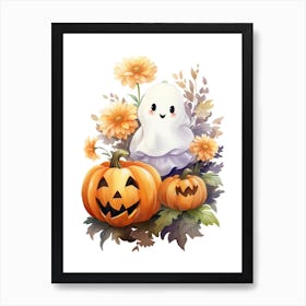 Cute Ghost With Pumpkins Halloween Watercolour 25 Art Print