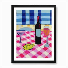 Painting Of A Table With Food And Wine, French Riviera View, Checkered Cloth, Matisse Style 2 Art Print
