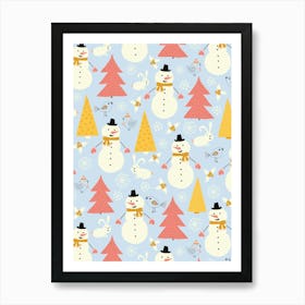 Winter Snowmen Evergreen Doodle Forest Yellow, Pink, and Light Blue Art Print