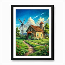 Farmhouse With Windmill Art Print