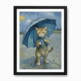 Cat With Umbrella Rainy Day Art Print