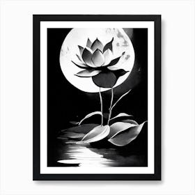 Lotus And Moon Symbol Black And White Painting Art Print