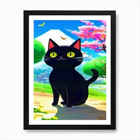 Happy Black Cat, Japanese Motif Art Print