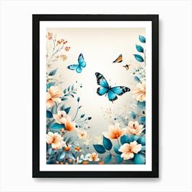 Butterfly And Flowers Wallpaper, A Butterfly-Toned Design With Flowers And Leaves Trees And Birds A Beautiful And Simple Picture Art Print