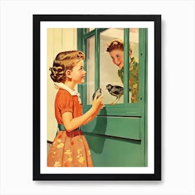 Vintage Retro Kids With Bird Illustration Kitsch 3 Art Print