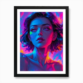 A cyberpunk anime girl with captivating lips and neon allure — a psychedelic blend of beauty and fantasy in vibrant pink hues. Art Print