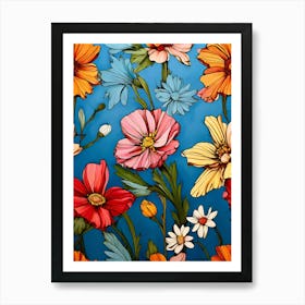 Colorful Flowers On Blue Background Art Print