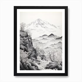 Mount Gassan In Yamagata, Ukiyo E Black And White Line Art Drawing 1 Art Print