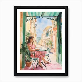 At A Cafe In Gozo Malta Watercolour Art Print