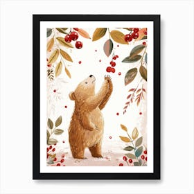 Sloth Bear Standing And Reaching For Berries Storybook Illustration 4 Art Print