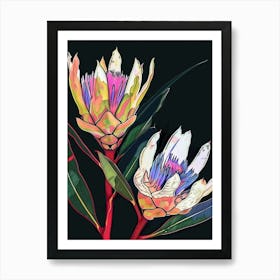 Neon Flowers On Black Protea 3 Art Print