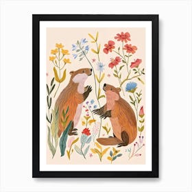 Folksy Floral Animal Drawing Beaver Art Print