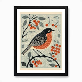 Vintage Bird Linocut European Robin 3 Art Print