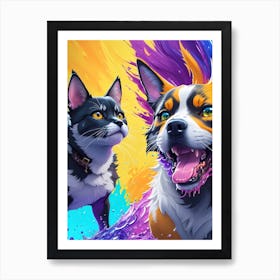 Cat and Dog With Colorful Paint Art Print