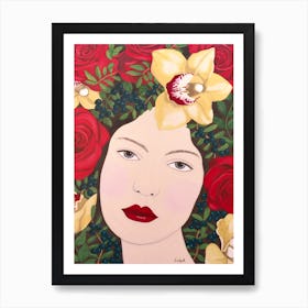 Woman With Orchid And Roses Art Print