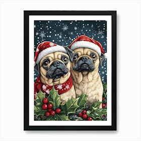 Pugs In Santa Hats Art Print