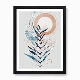 Dark Blue Coastal Flora And Cricles - Abstract Minimal Boho Beach Art Print