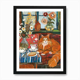 Tea Time With A Maine Coon Cat 2 Art Print