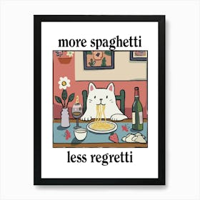 More Spaghetti Less Regretti White Cat Dog Print Retro Diner Poster Cartoon Dining Pasta Posters Italian Kitchen Art Print