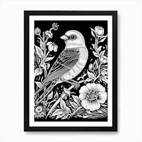 B&W Bird Linocut American Goldfinch 2 Art Print