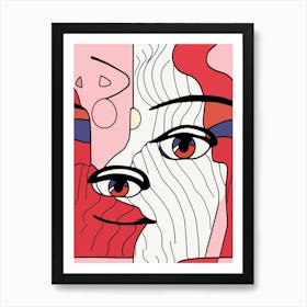 Red & Pink Abstract Face Line Drawing Art Print