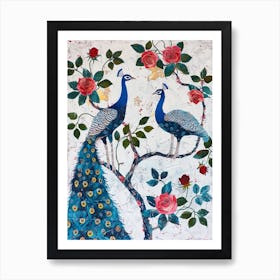 Peacock With The Roses Painting 4 Art Print