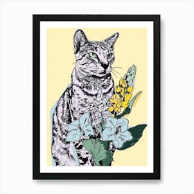 Cute Egyptian Mau Cat With Flowers Illustration 4 Art Print