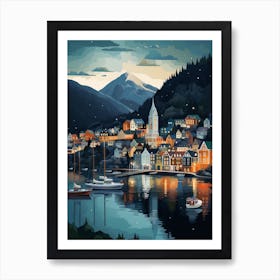 Winter Travel Night Illustration Bergen Norway 4 Art Print