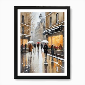 Paris cafes, winter season, Christmas, autumn oil colors, pale colors, pedestrians in the street, winter clothes, falling snow.Christmas decorations.4 1 Art Print