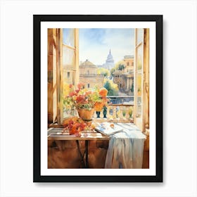 Window View Of Rome Italy In Autumn Fall, Watercolour 2 Art Print