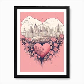 Skyline Floral Heart Illustration Pink Art Print